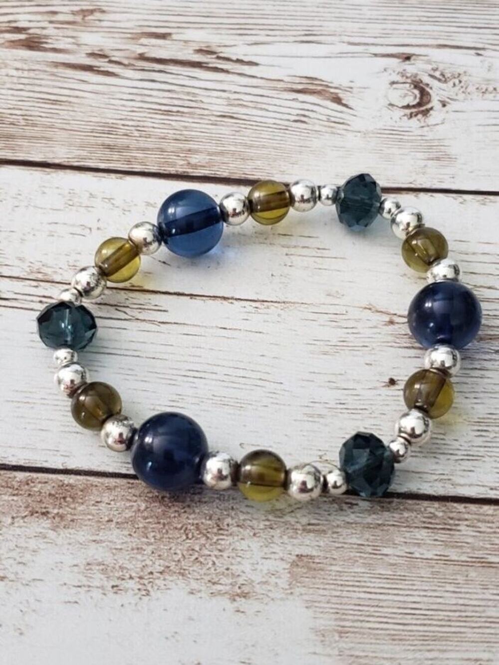 Vintage Stretch Bracelet - Olive Green, Dark Blue, Silver Tone